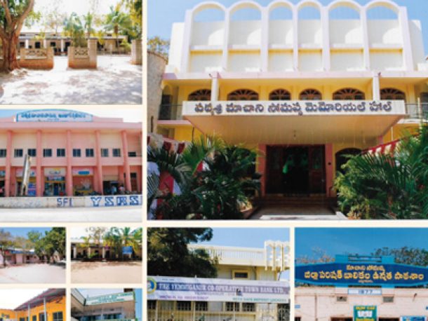 A collection of photos show the Padma Shri Machani Somappa Memorial Hall, the Padma Shri Machani Somappa Indoor Stadium, the Yemmiganur Co-operative Town Bank Ltd., and the Machani Somappa Z. P. Girls High School.